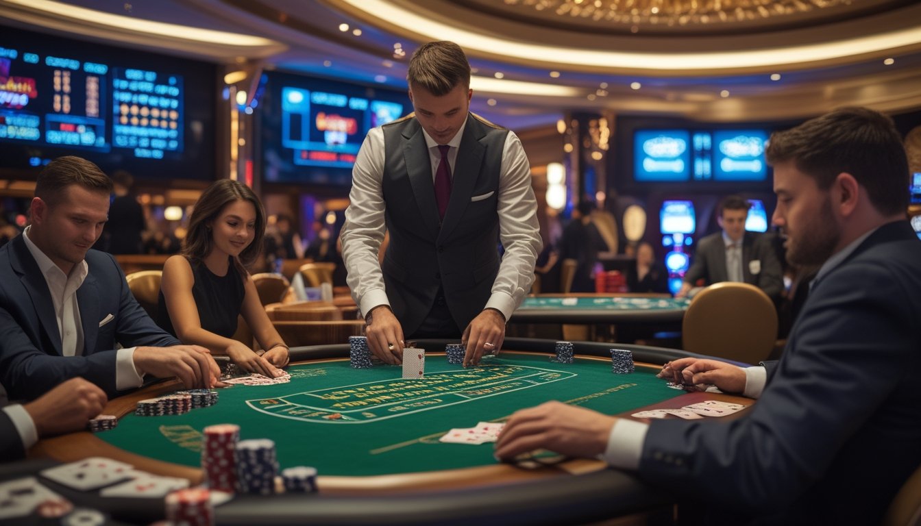 Suasana meja Casino Hold'em di kasino dengan dealer dan pemain yang sedang bermain kartu.