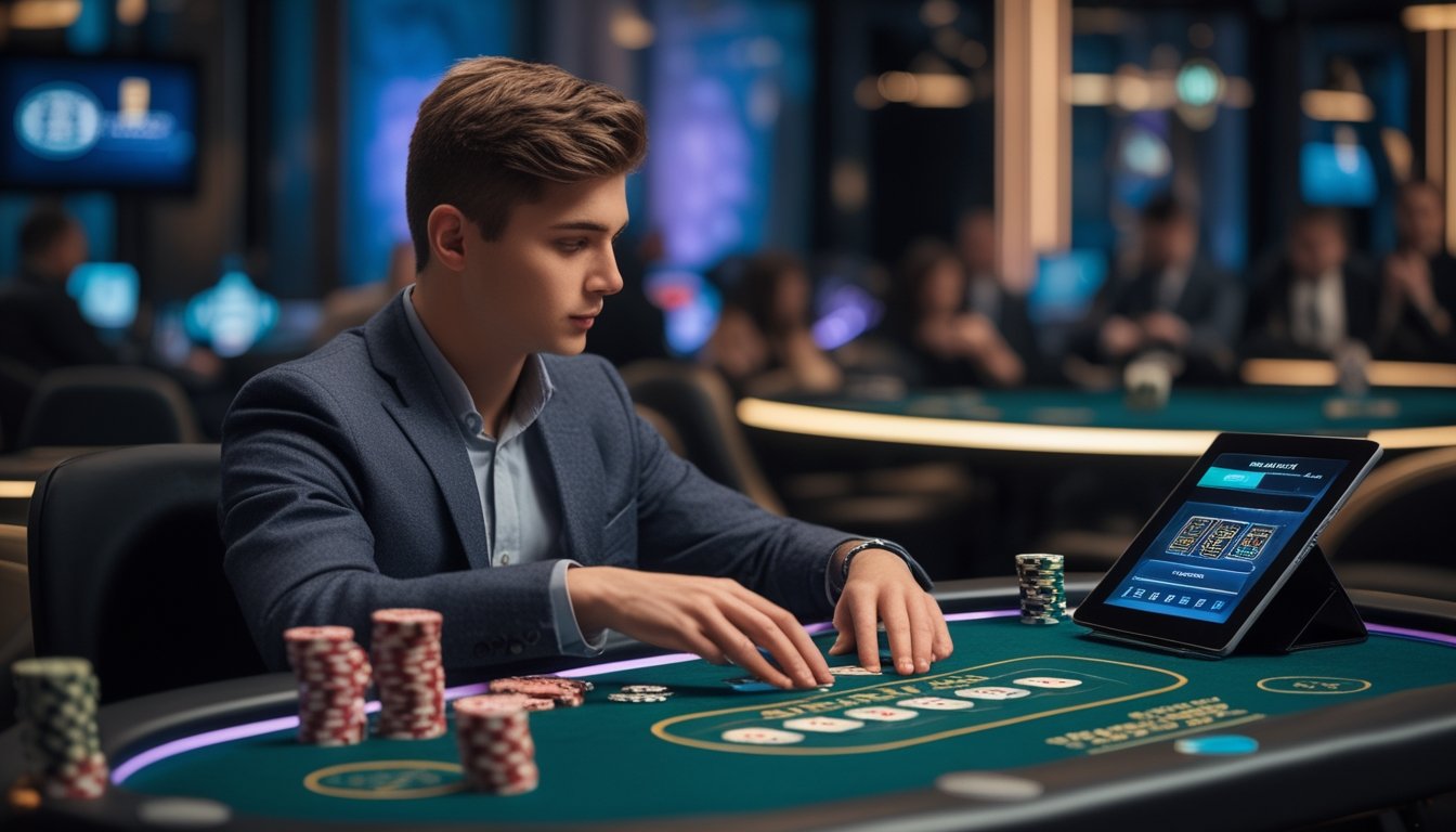 Seorang pemula bermain Casino Hold'em di meja poker dengan kartu dan chip, menggunakan tablet untuk bermain di platform bandar live casino.
