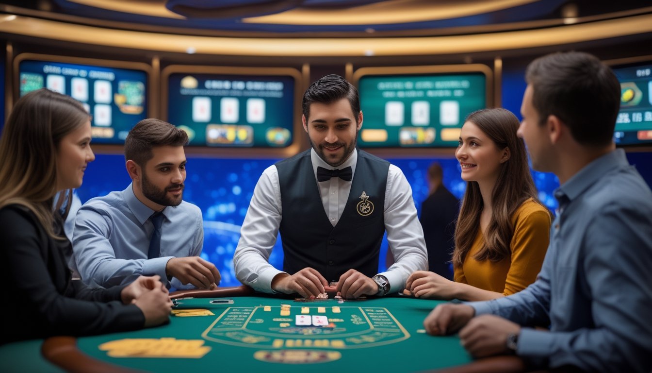 Suasana meja kasino langsung dengan dealer dan beberapa pemain yang sedang belajar bermain Casino Hold'em.