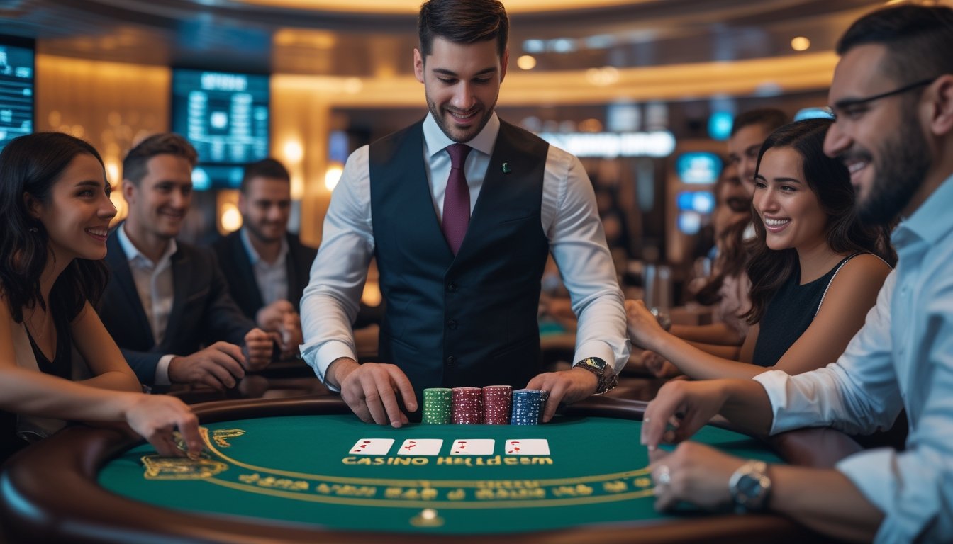 Seorang dealer dan beberapa pemain sedang bermain Casino Hold'em di meja kasino dengan suasana mewah dan pencahayaan hangat.