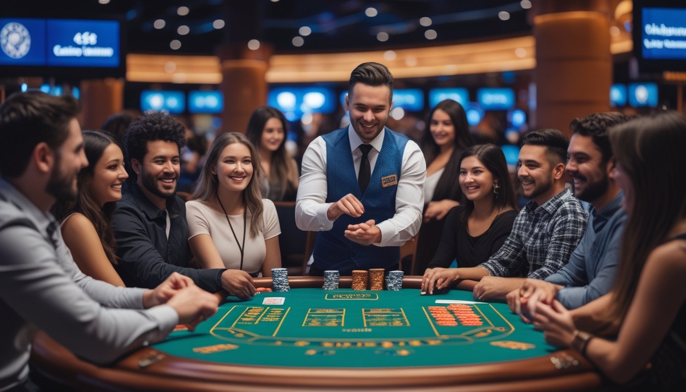 Sekelompok pemain yang antusias sedang bermain Casino Hold'em di meja kasino dengan dealer yang membagikan kartu di lingkungan kasino yang modern dan terang.