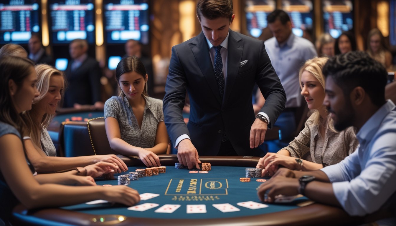 Seorang dealer dan beberapa pemain sedang bermain Casino Hold'em di meja kasino dengan suasana mewah dan pencahayaan hangat.