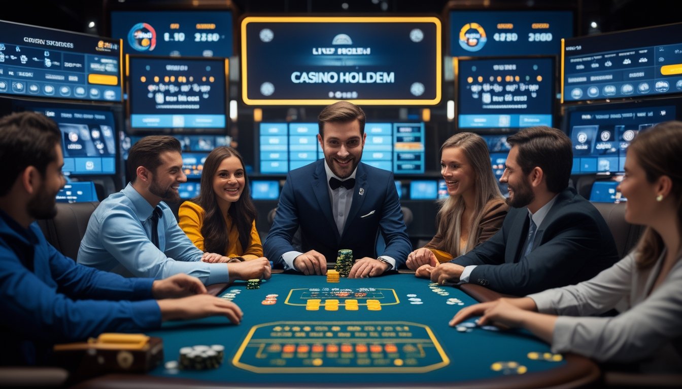 Beberapa pemain dan dealer sedang bermain Casino Hold'em di meja kasino dengan suasana yang profesional dan modern.