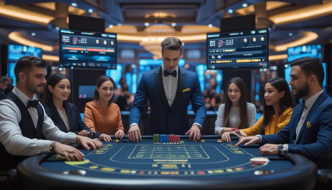 Seorang dealer dan beberapa pemain sedang bermain Casino Hold'em di meja kasino dengan layar digital di latar belakang.