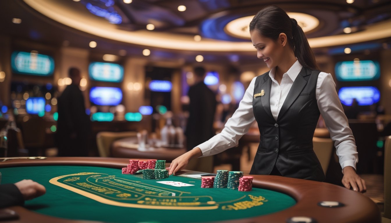 Seorang dealer wanita profesional di meja Casino Hold'em dengan pemain di kasino langsung yang mewah.