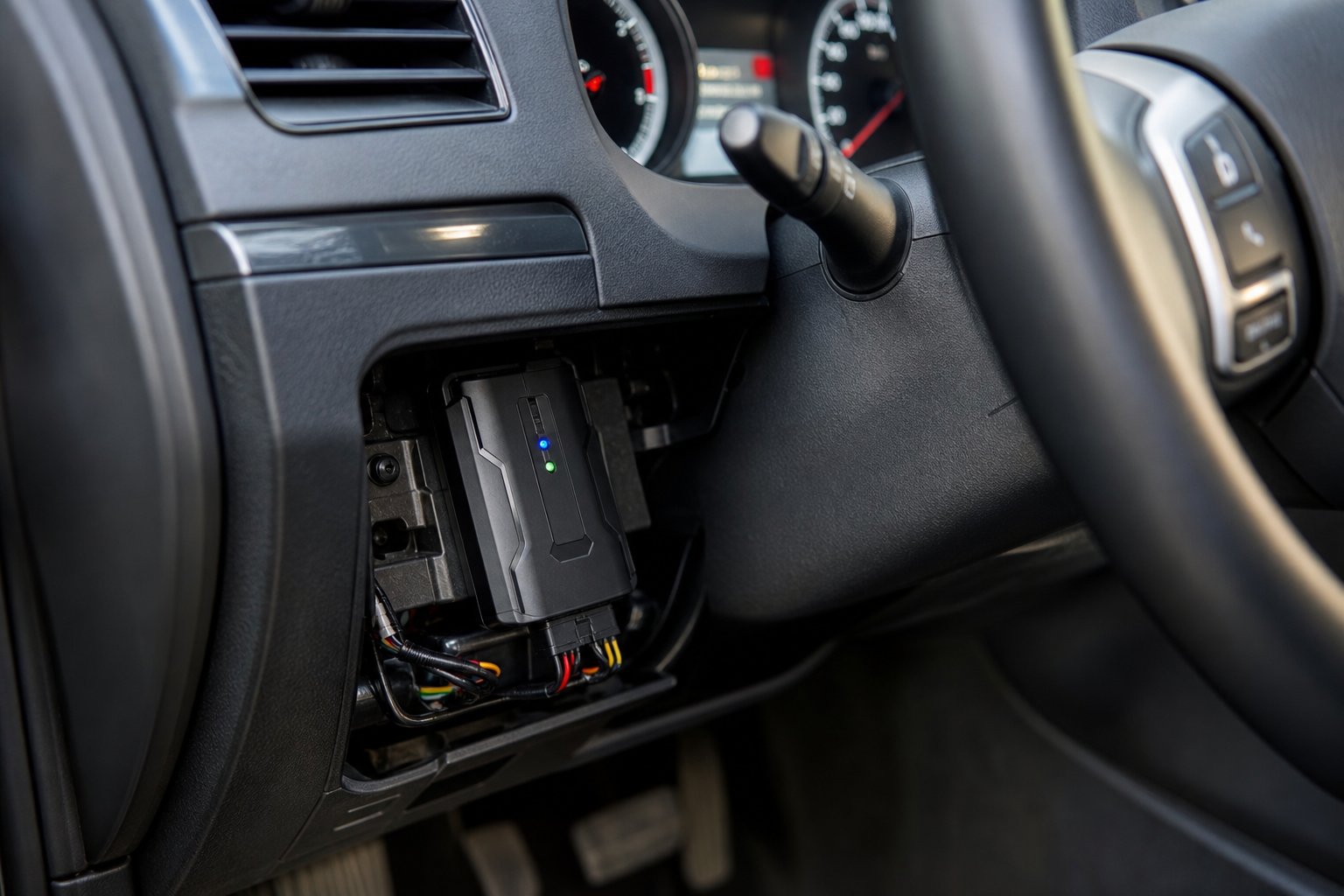 A close-up view of a vehicle GPS tracker device installed inside a car dashboard near the steering wheel.
