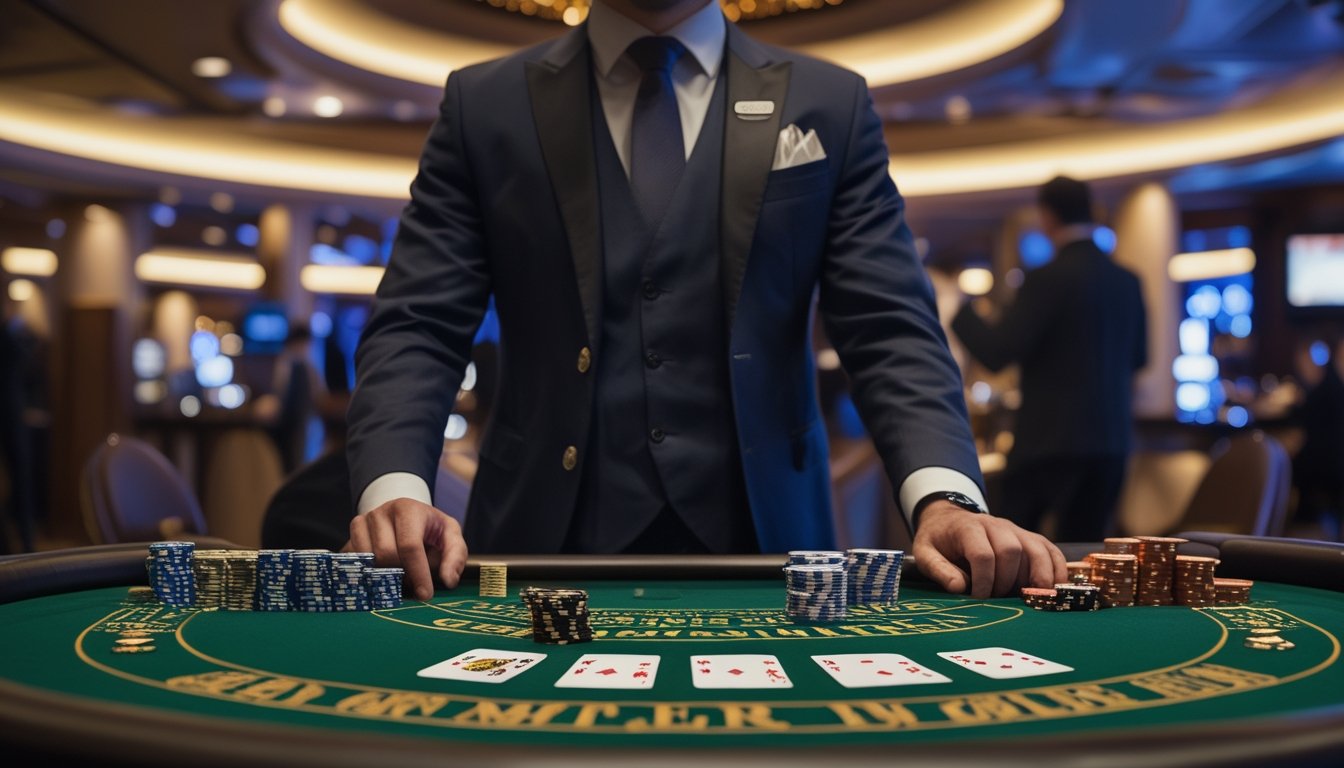 Seorang dealer di meja Casino Hold'em dengan kartu dan chip poker di kasino yang mewah dan ramai.
