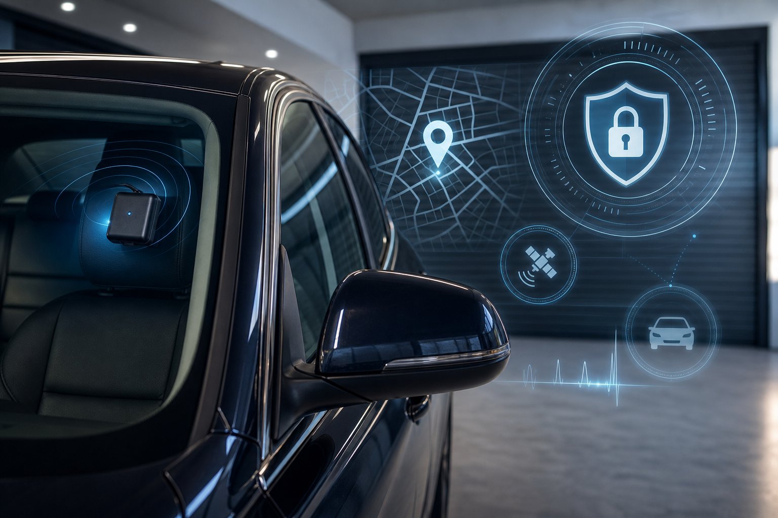 A modern car parked with a small GPS tracking device visible inside, surrounded by digital icons representing vehicle tracking and security.