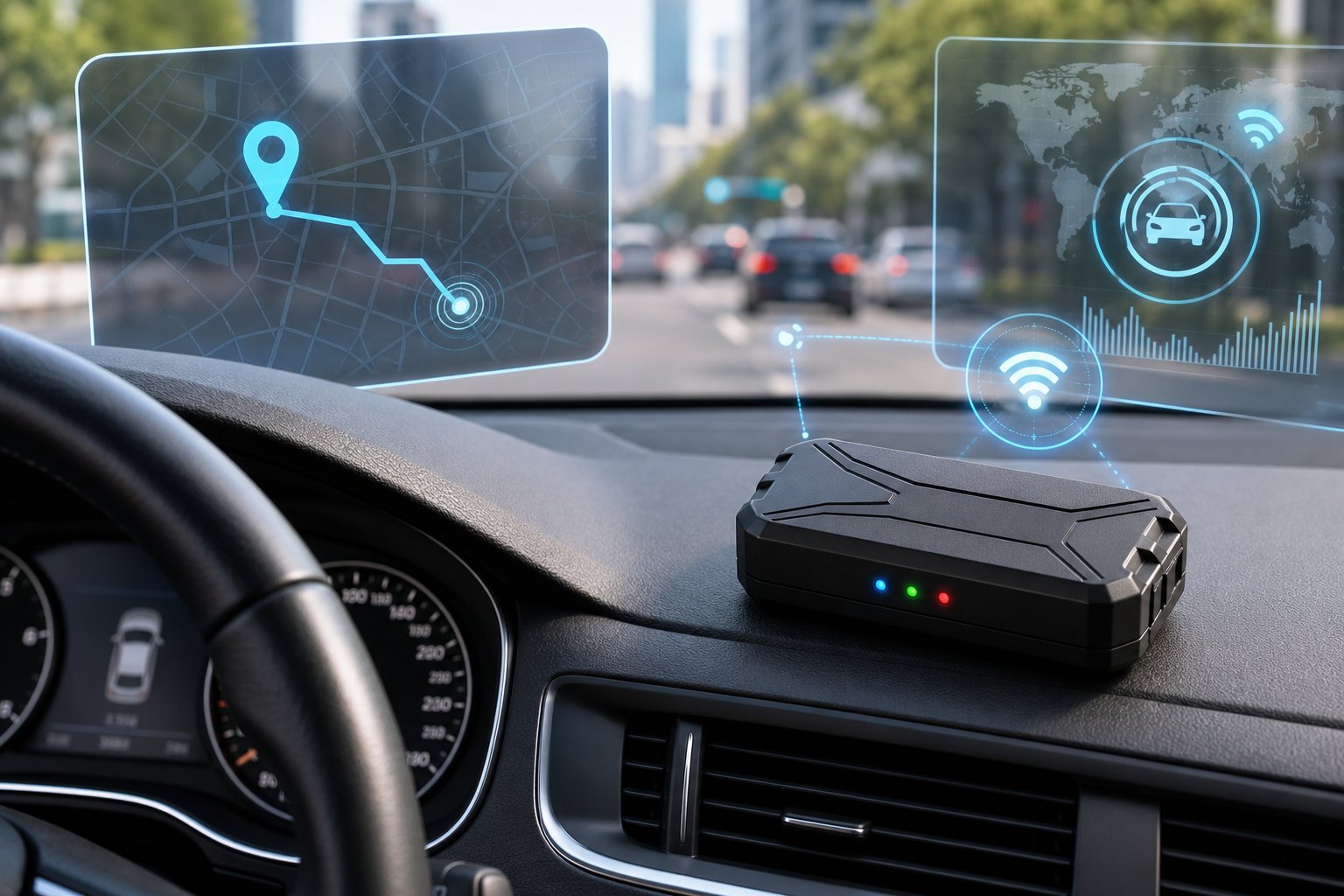 A car dashboard with a compact GPS tracking device and a blurred city view through the windshield.