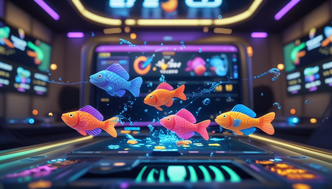 Tampilan platform permainan tembak ikan dengan animasi ikan warna-warni dan antarmuka digital yang modern, menampilkan suasana menarik dan hadiah harian.
