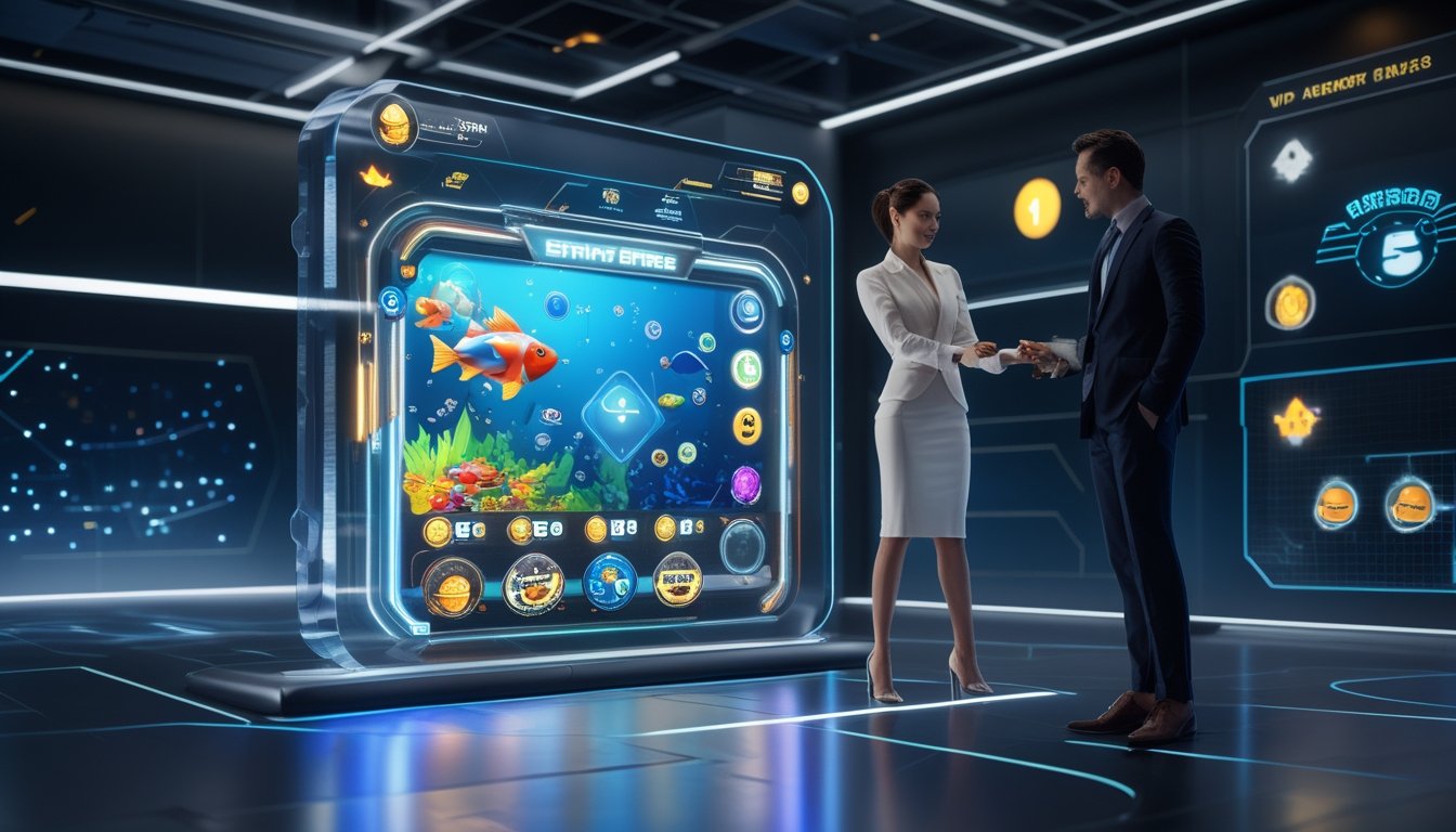 Dua orang profesional menggunakan antarmuka digital permainan ikan dengan visual ikan berwarna-warni dan ikon bonus di latar belakang teknologi modern.