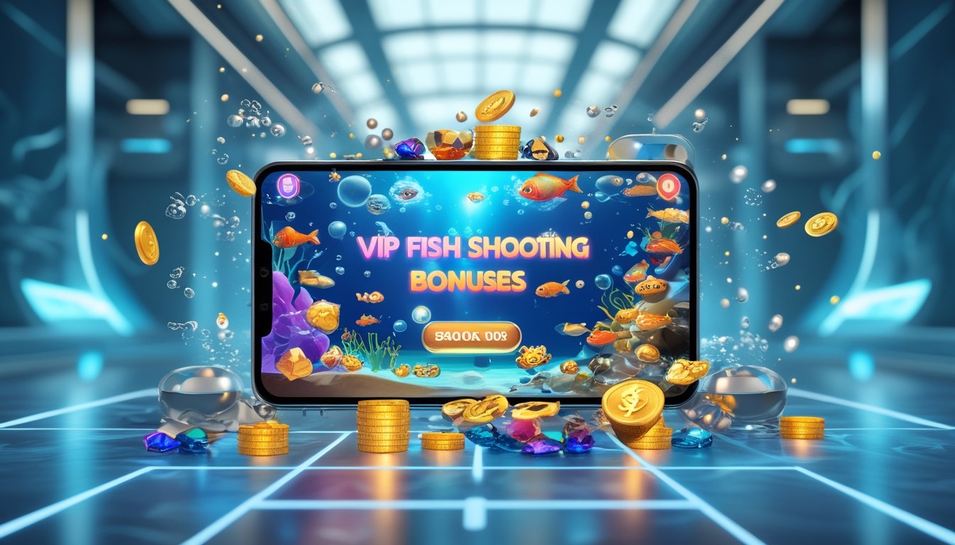 Tampilan layar permainan tembak ikan VIP dengan ikan warna-warni dan elemen bonus di latar bawah laut.