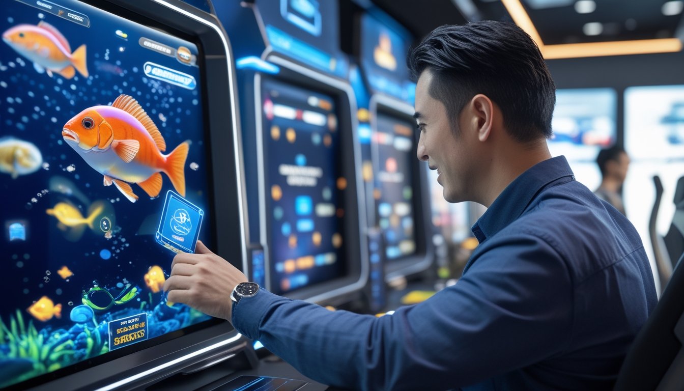 Seorang pria dewasa sedang menggunakan layar sentuh dengan tampilan permainan tembak ikan yang menampilkan ikan warna-warni dan ikon bonus di sebuah ruang permainan modern.