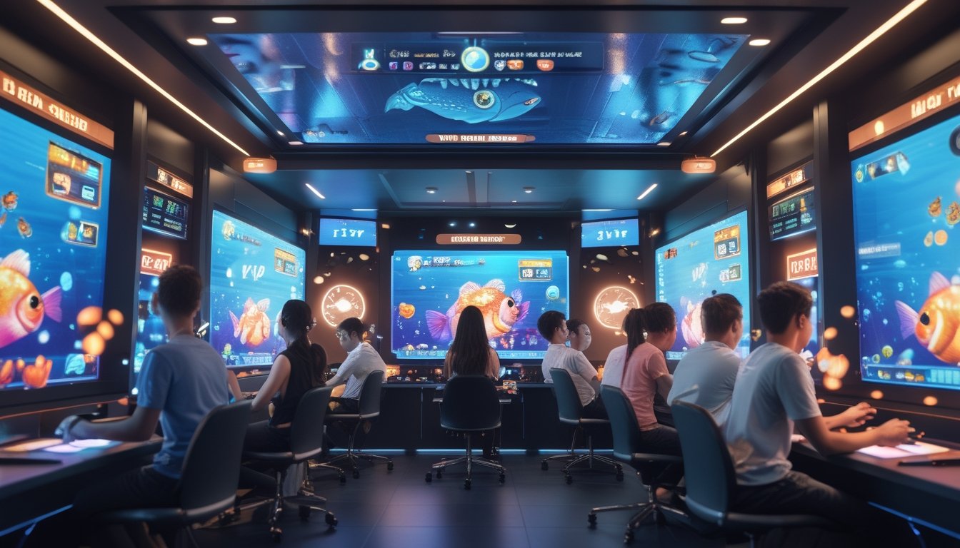 Sekelompok pemain sedang menikmati permainan tembak ikan di layar digital dengan suasana modern dan ceria.