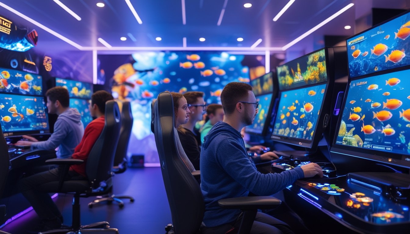 Beberapa pemain sedang bermain game tembak ikan di ruangan VIP dengan monitor besar dan pencahayaan biru ungu yang mewah.