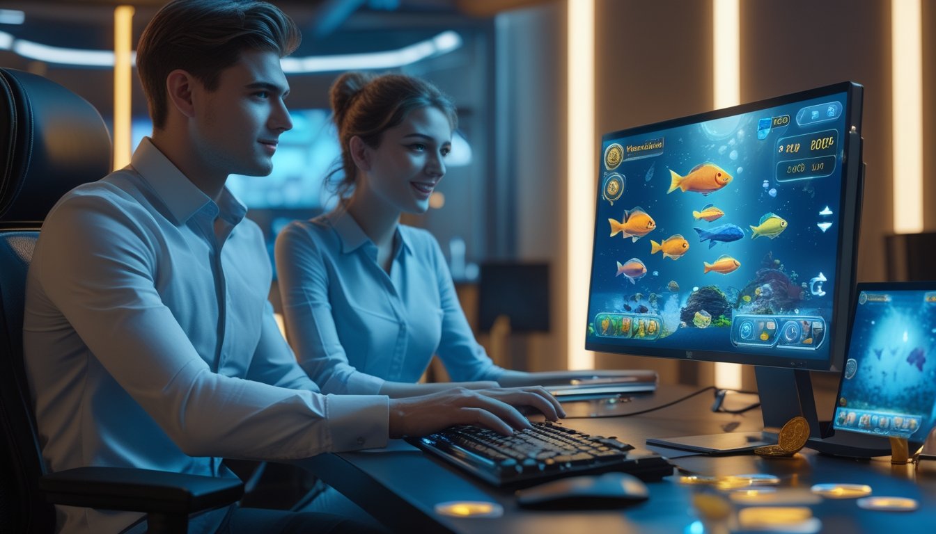 Dua orang muda sedang bermain game tembak ikan di komputer dengan suasana ruang modern yang mewah dan pencahayaan terang.
