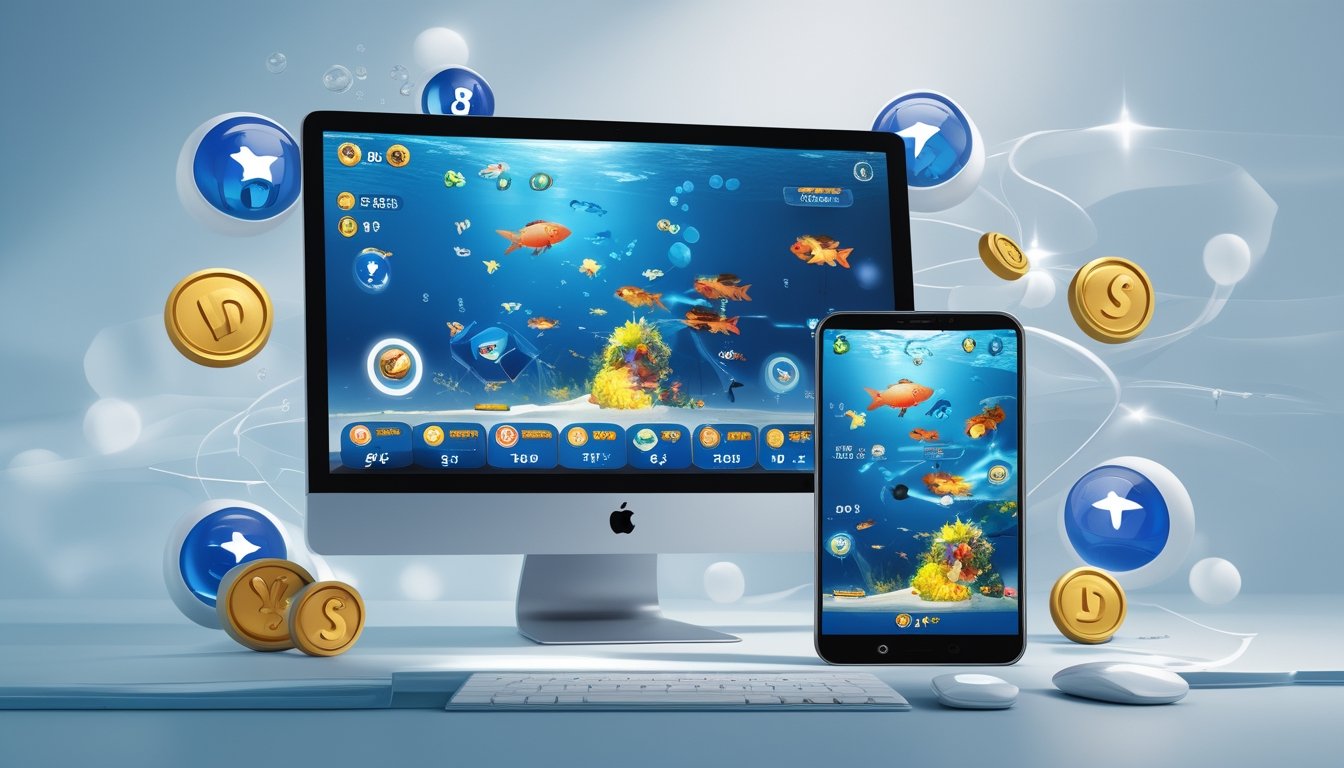 Tampilan perangkat digital yang menampilkan permainan tembak ikan dengan grafik warna-warni dan ikon bonus di latar belakang biru.