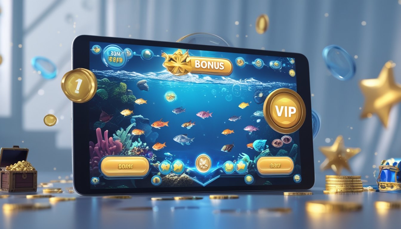 Gambar perangkat digital yang menampilkan permainan tembak ikan dengan ikon bonus dan tanda VIP, dikelilingi oleh koin dan harta karun di latar bawah laut.
