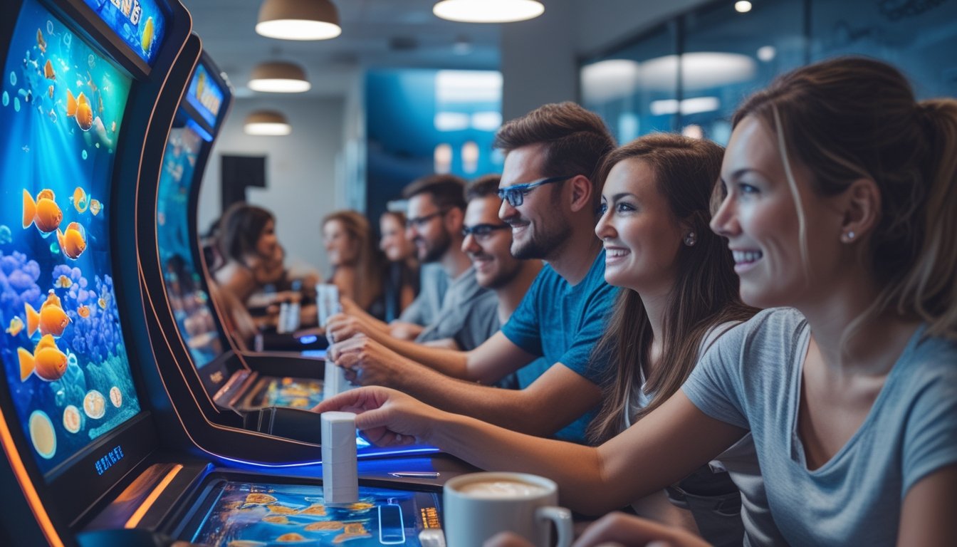 Orang-orang sedang bermain permainan tembak ikan di arcade dengan suasana ruang permainan yang terang dan modern.