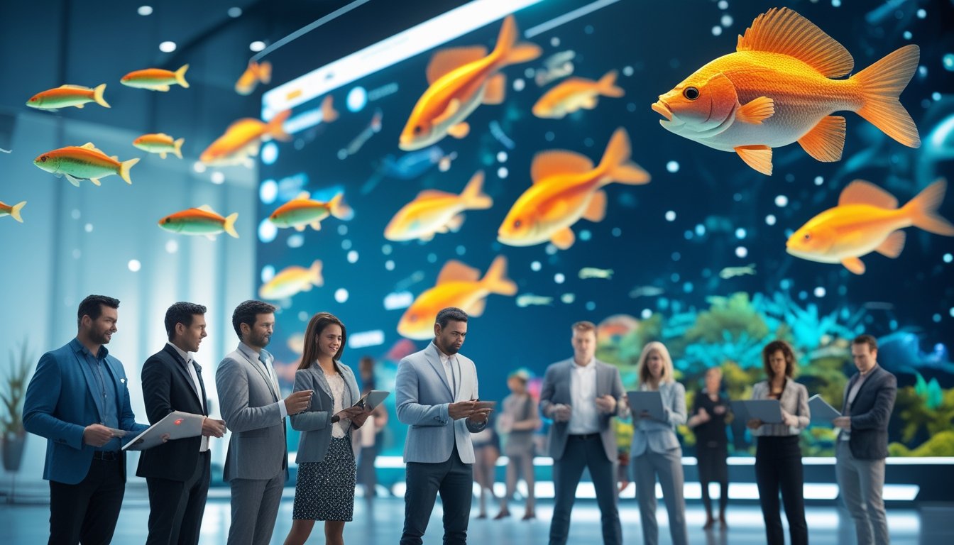 Sekelompok orang menggunakan perangkat digital untuk bermain game memancing ikan dengan tampilan bawah laut berwarna-warni dan berbagai jenis ikan di layar.