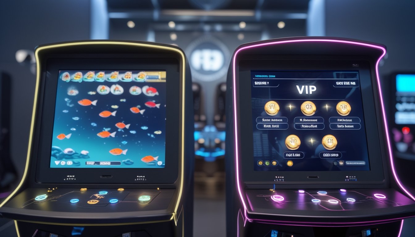 Dua setup permainan tembak ikan berdampingan, satu biasa dengan layar ikan berwarna dan satu VIP dengan tampilan bonus khusus dan pencahayaan mewah.