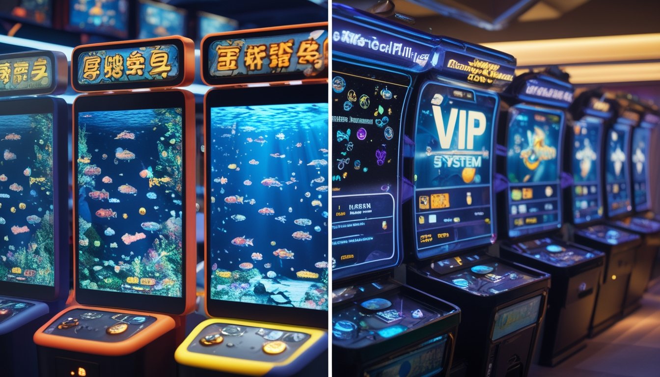 Suasana ruang permainan digital dengan layar menampilkan permainan menembak ikan biasa dan sistem VIP dengan bonus khusus anggota.