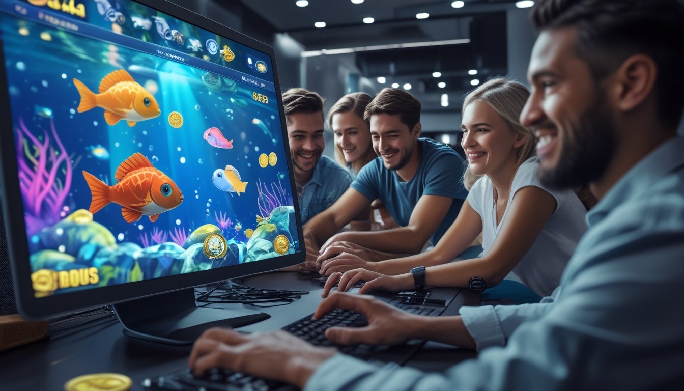 Orang-orang sedang bermain permainan tembak ikan di perangkat digital dengan latar bawah laut dan ikon bonus.