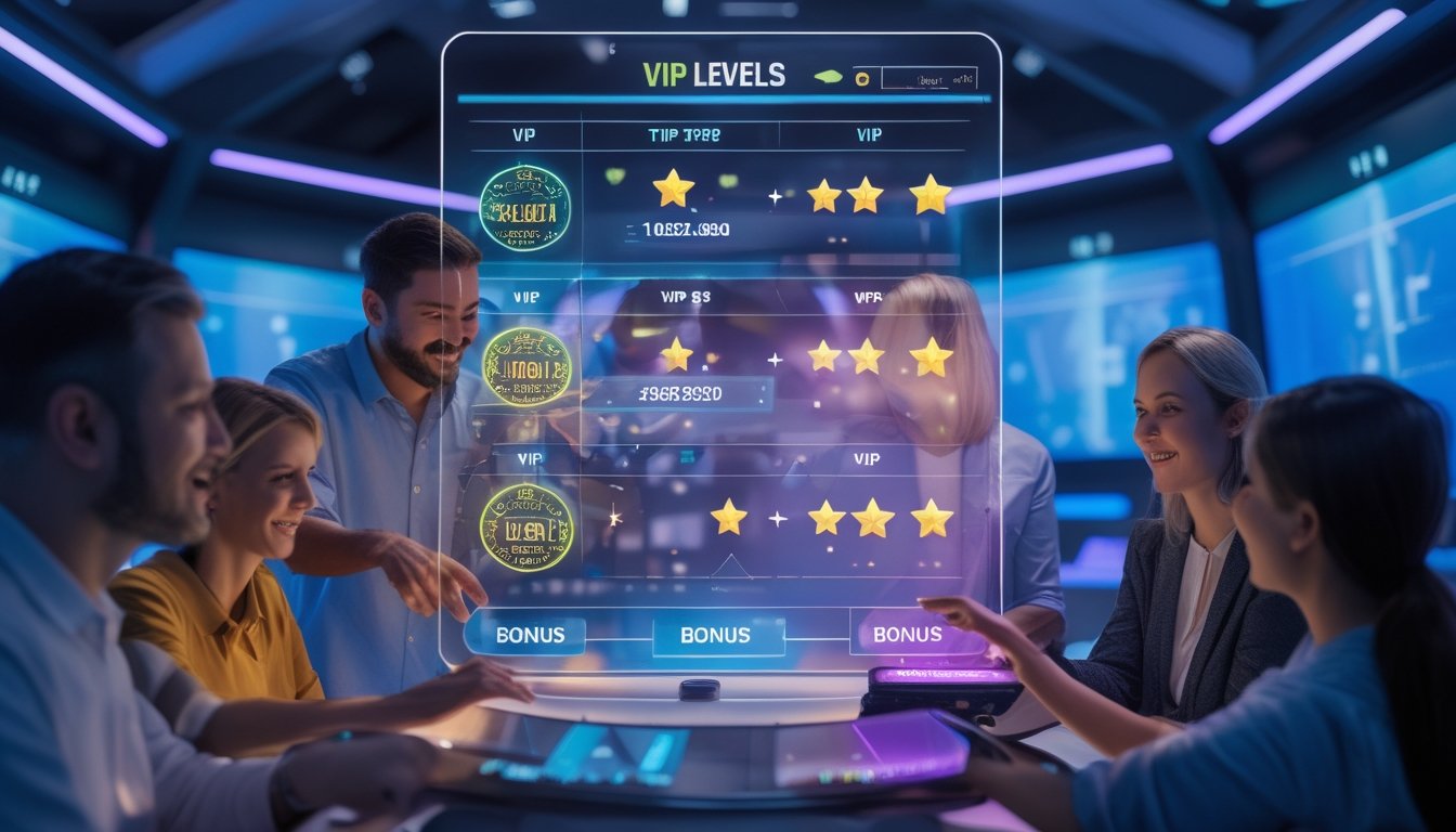 Sekelompok orang sedang berinteraksi dengan layar digital yang menampilkan level VIP dan hadiah bonus dalam suasana ruang kontrol modern.
