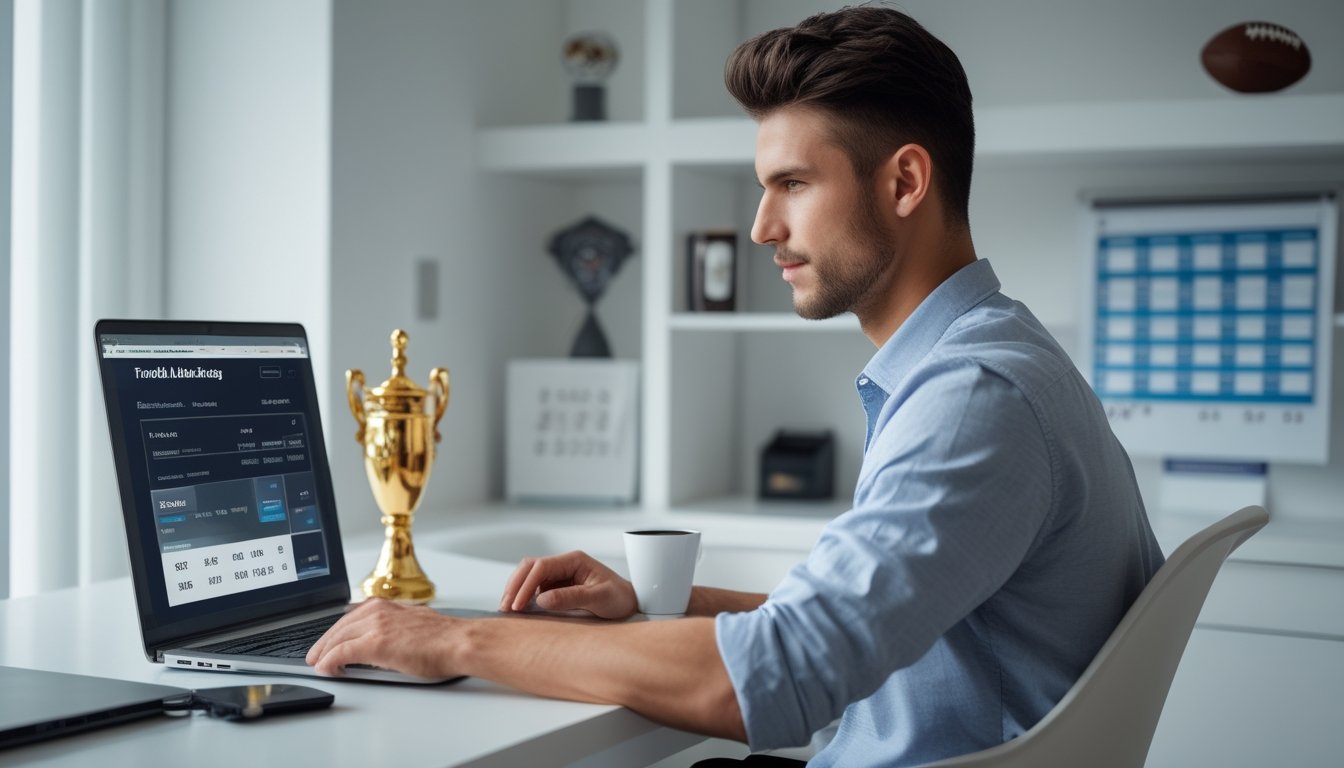 Seorang pria muda duduk di depan laptop di ruang kerja rumah dengan elemen sepak bola di latar belakang.