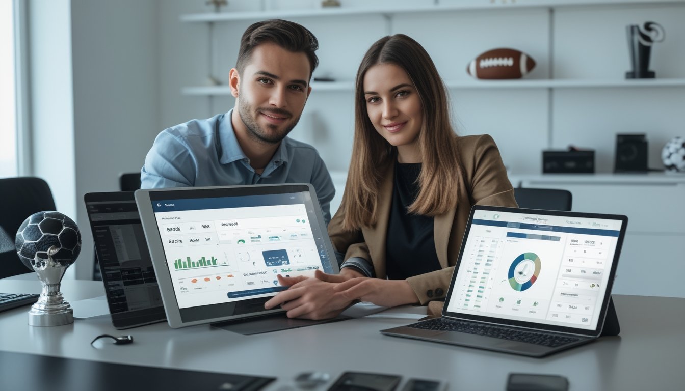 Dua orang muda sedang duduk di meja dengan perangkat digital yang menampilkan platform taruhan sepak bola, terlihat sedang berdiskusi dan menganalisis data.