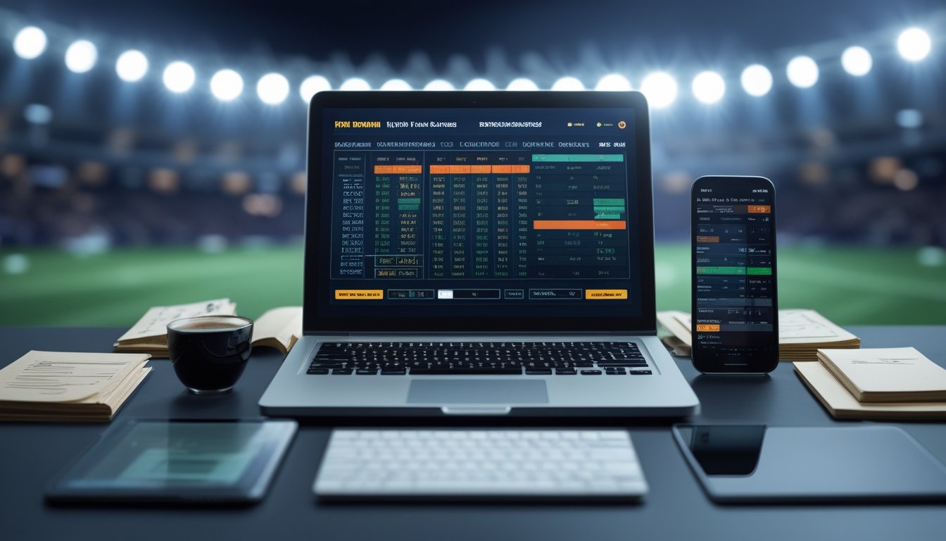 Meja kerja dengan laptop yang menampilkan grafik dan tabel odds taruhan sepak bola, ponsel dengan skor pertandingan, dan cangkir kopi, dengan latar belakang stadion sepak bola.