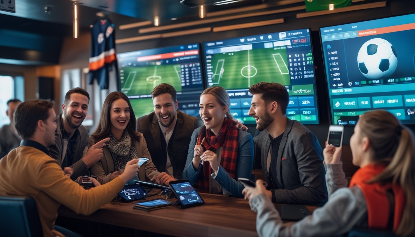 Sekelompok orang antusias menonton pertandingan sepak bola langsung dan memasang taruhan menggunakan perangkat digital di sebuah tempat modern.