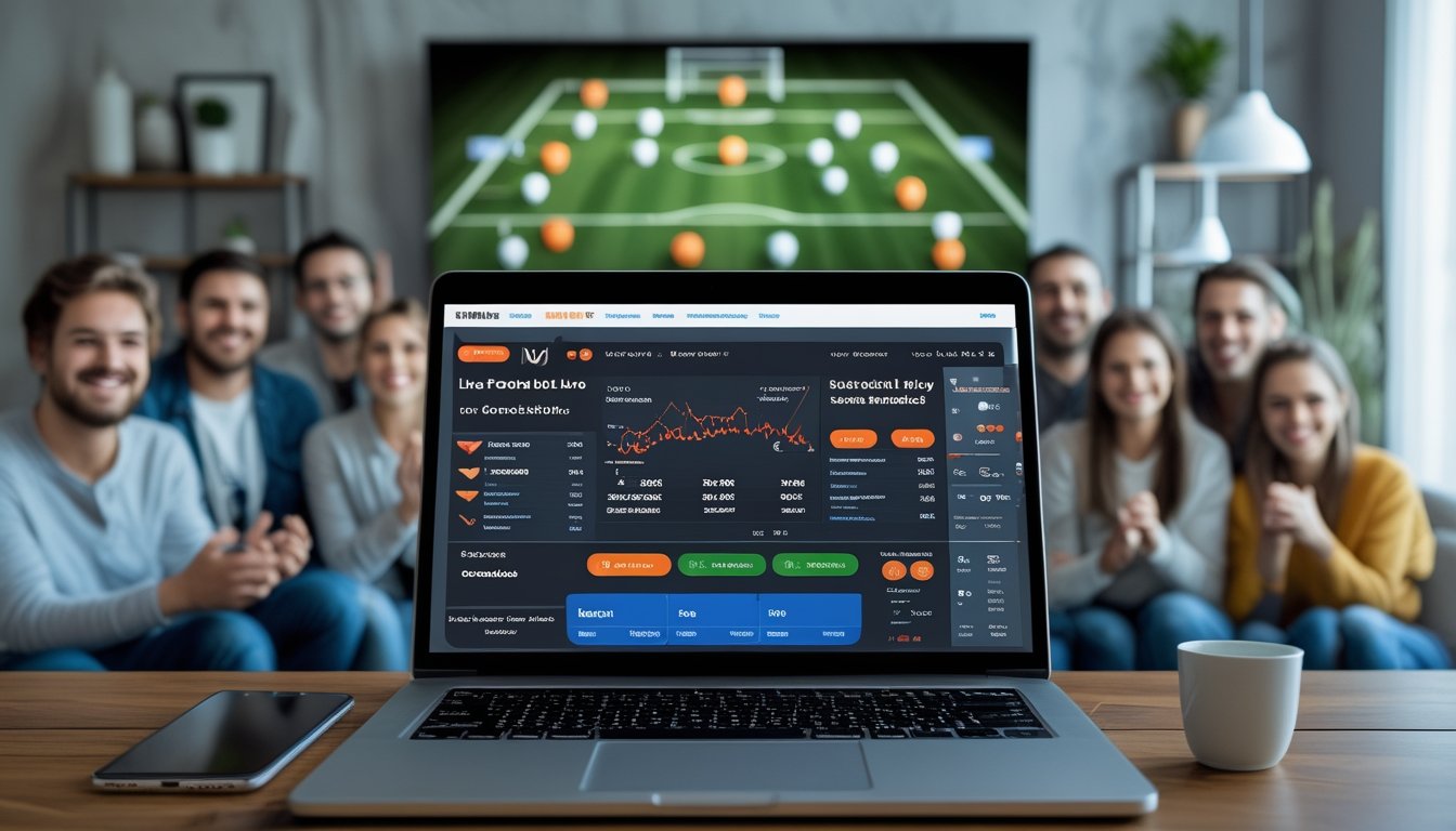 Sekelompok penggemar sepak bola menonton pertandingan langsung sambil menggunakan perangkat digital untuk taruhan sepak bola secara real-time.