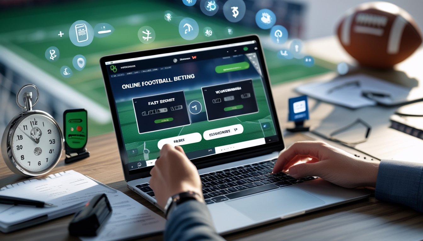 Meja kerja modern dengan laptop yang menampilkan platform taruhan sepak bola, dikelilingi ikon kecepatan dan keamanan serta bola sepak di latar belakang.