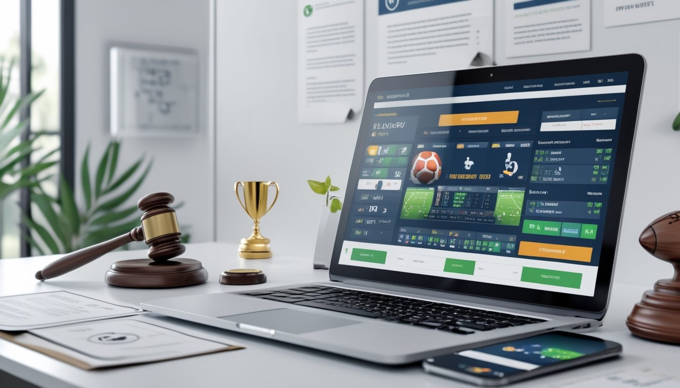 Meja kerja dengan laptop yang menampilkan platform taruhan sepak bola online, dikelilingi oleh dokumen hukum, ponsel dengan skor pertandingan, dan dekorasi sepak bola.