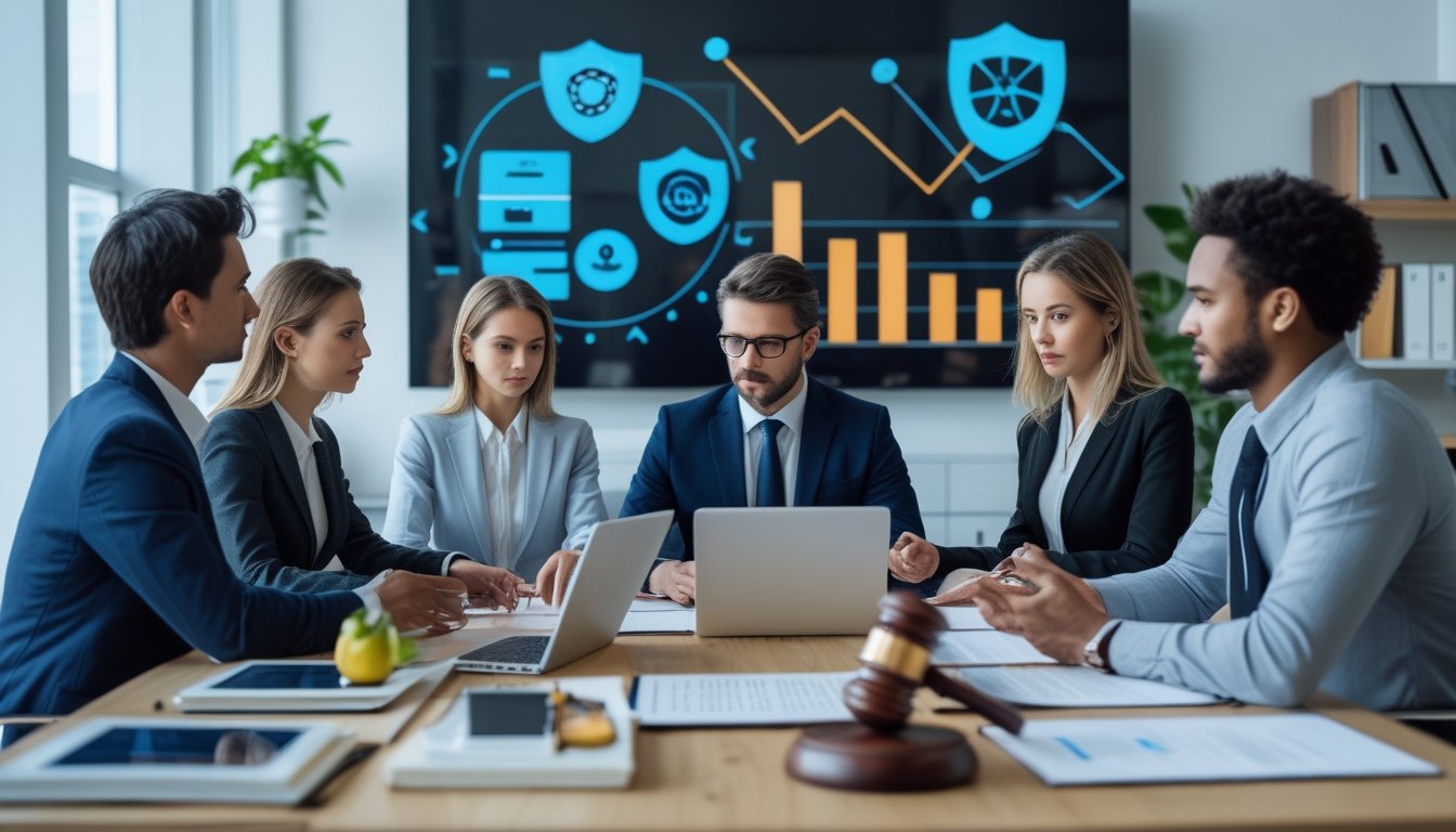 Sekelompok profesional berdiskusi serius di ruang konferensi dengan laptop dan dokumen, membahas aspek legalitas platform taruhan sepak bola.