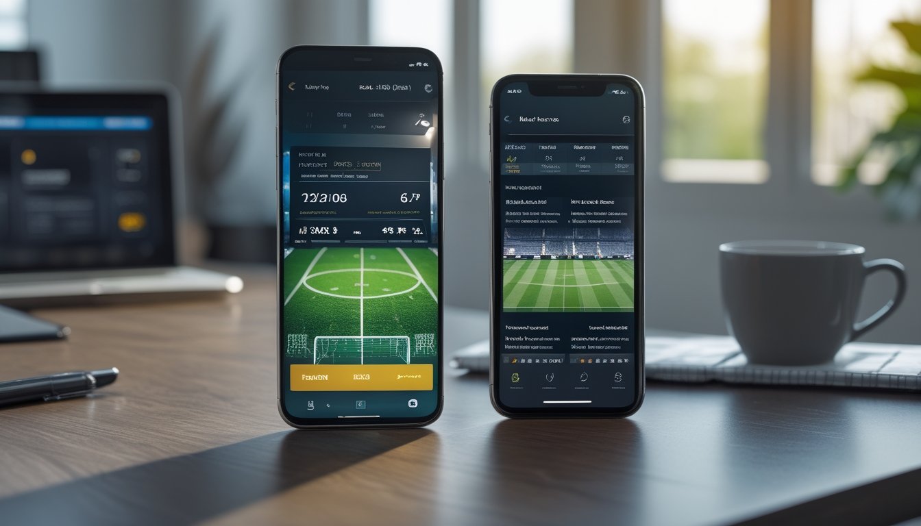 Dua ponsel di atas meja kayu menampilkan aplikasi taruhan sepak bola untuk pengguna Android dan iOS dengan suasana ruang kerja modern.