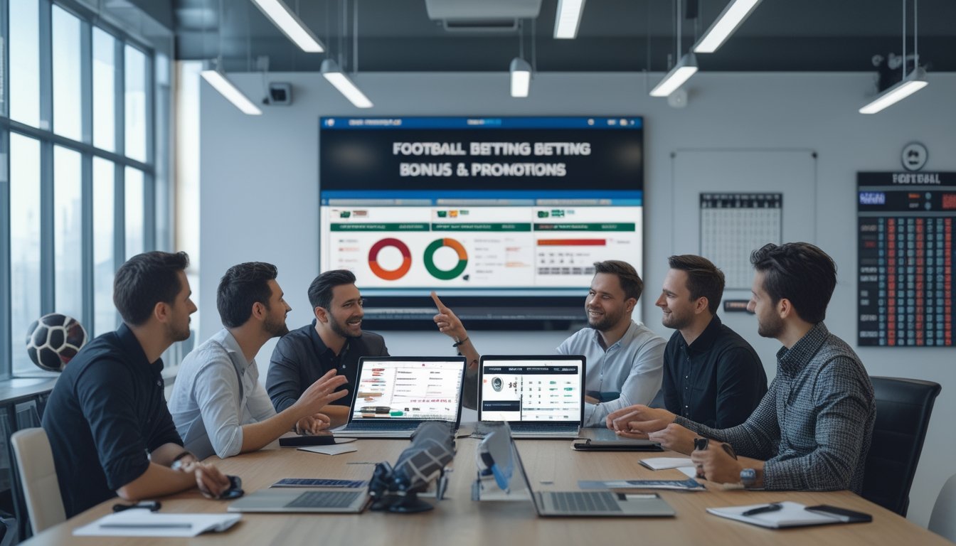 Sekelompok orang sedang duduk di meja kerja dengan perangkat digital, menganalisis bonus dan promosi taruhan sepak bola secara tujuan.