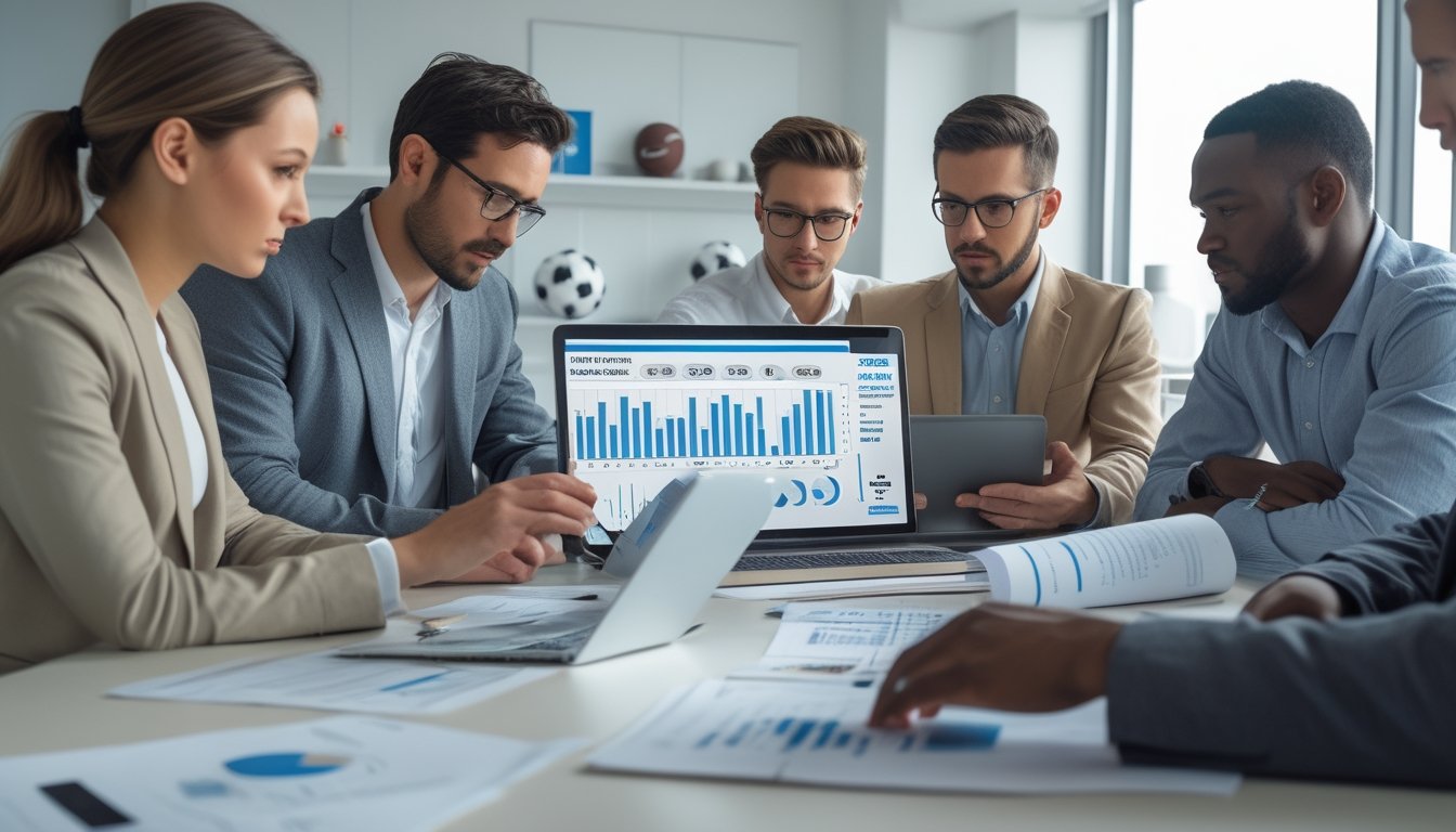 Sekelompok profesional sedang berdiskusi dan menganalisis data bonus dan promosi taruhan sepak bola di ruang kantor modern.