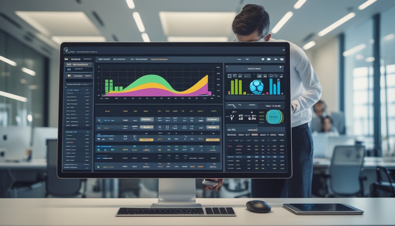 Seorang profesional sedang melihat layar komputer dengan data dan grafik statistik pertandingan sepak bola di ruang kantor modern.