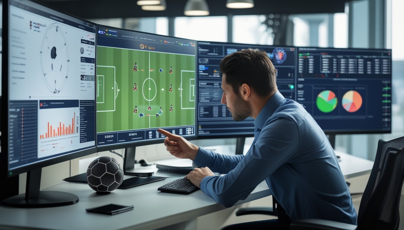 Seorang profesional sedang menganalisis data pertandingan statistik sepak bola di depan beberapa layar komputer dengan grafik dan data terkait sepak bola.