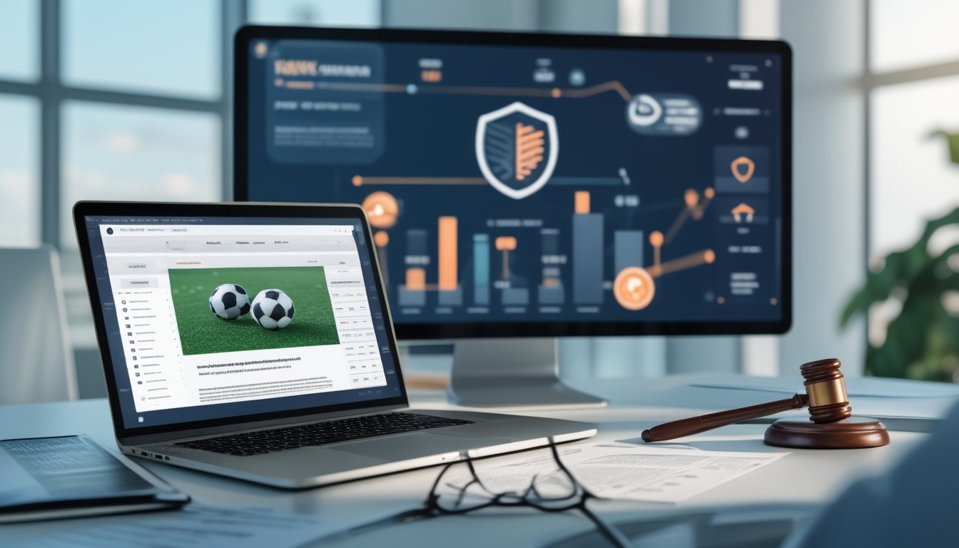 Seorang profesional duduk di meja kantor modern dengan laptop dan dokumen hukum, menunjukkan tema legalitas dan regulasi dalam platform taruhan sepak bola.