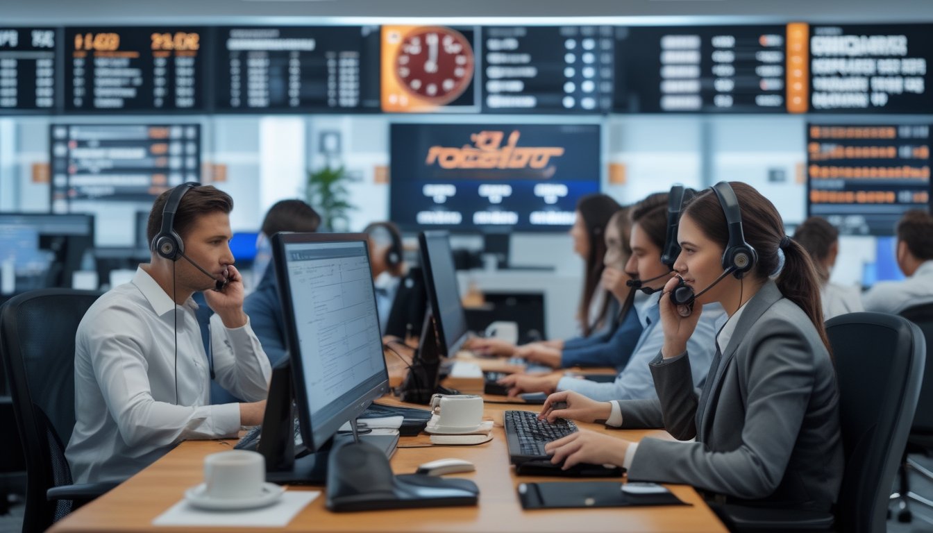 Tim layanan pelanggan bekerja di kantor modern dengan layar yang menampilkan data pertandingan sepak bola dan suasana dukungan 24 jam.