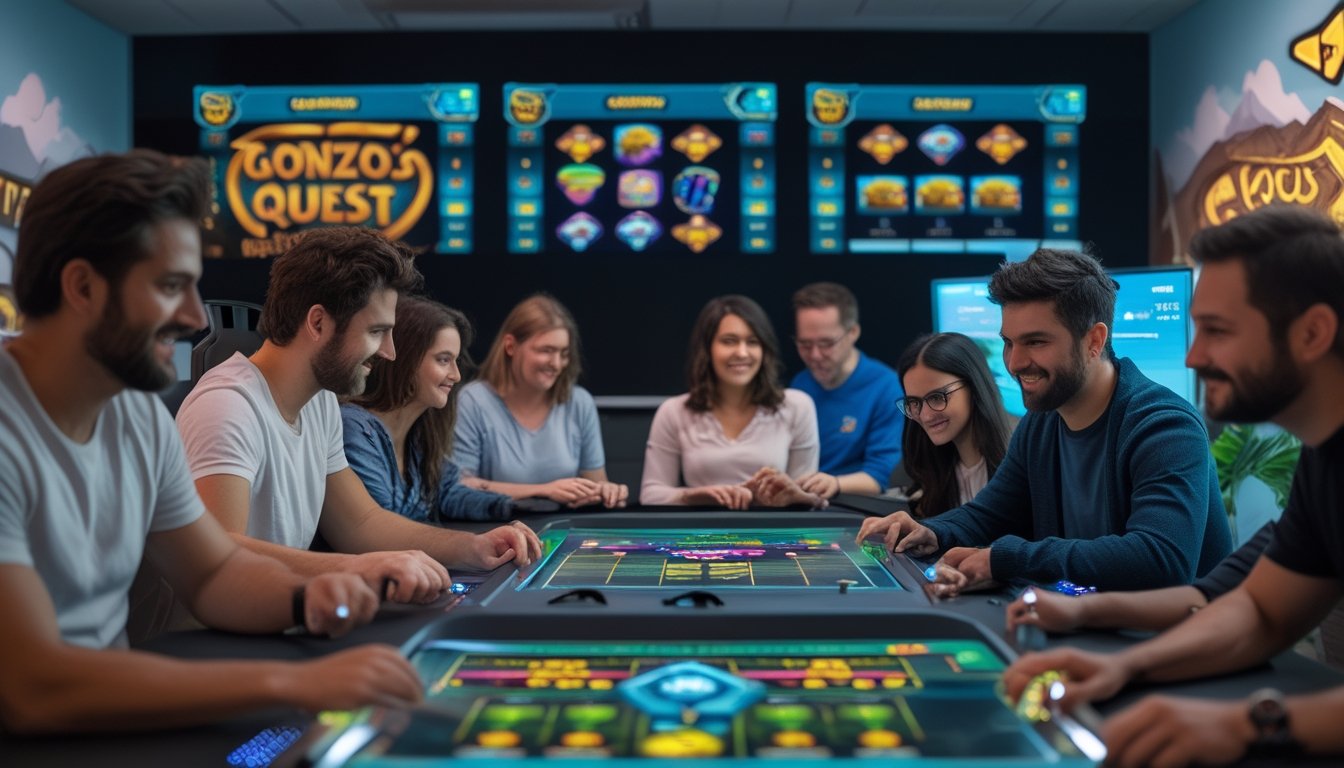 Sekelompok orang bermain permainan slot online Gonzo's Quest Megaways dengan ekspresi fokus dan senang di sebuah ruang modern.