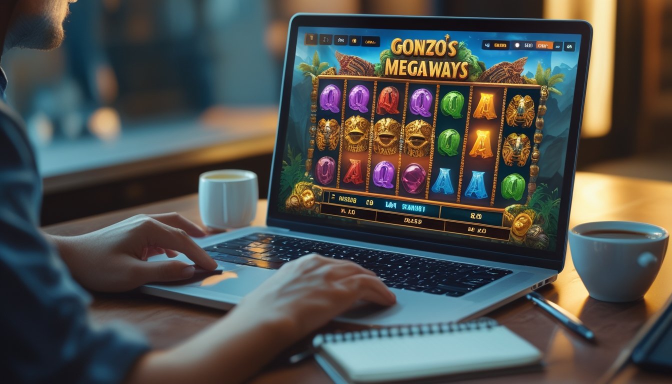 Seorang pemain duduk di depan komputer yang menampilkan permainan slot Gonzo's Quest Megaways dengan simbol bertema Inca, dikelilingi oleh alat tulis dan secangkir kopi.