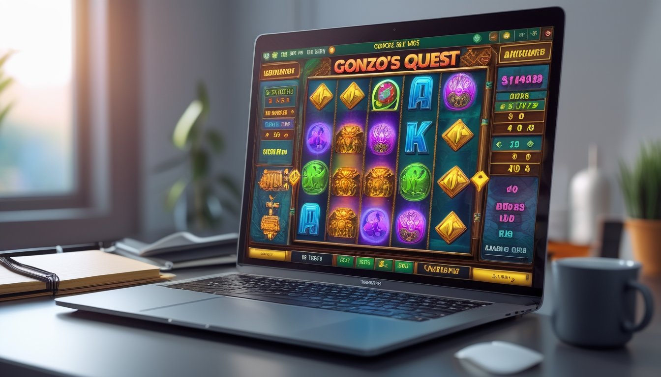 Seorang pemain menggunakan komputer dengan layar menampilkan permainan slot Gonzo's Quest Megaways, di meja terdapat buku catatan dan cangkir kopi.
