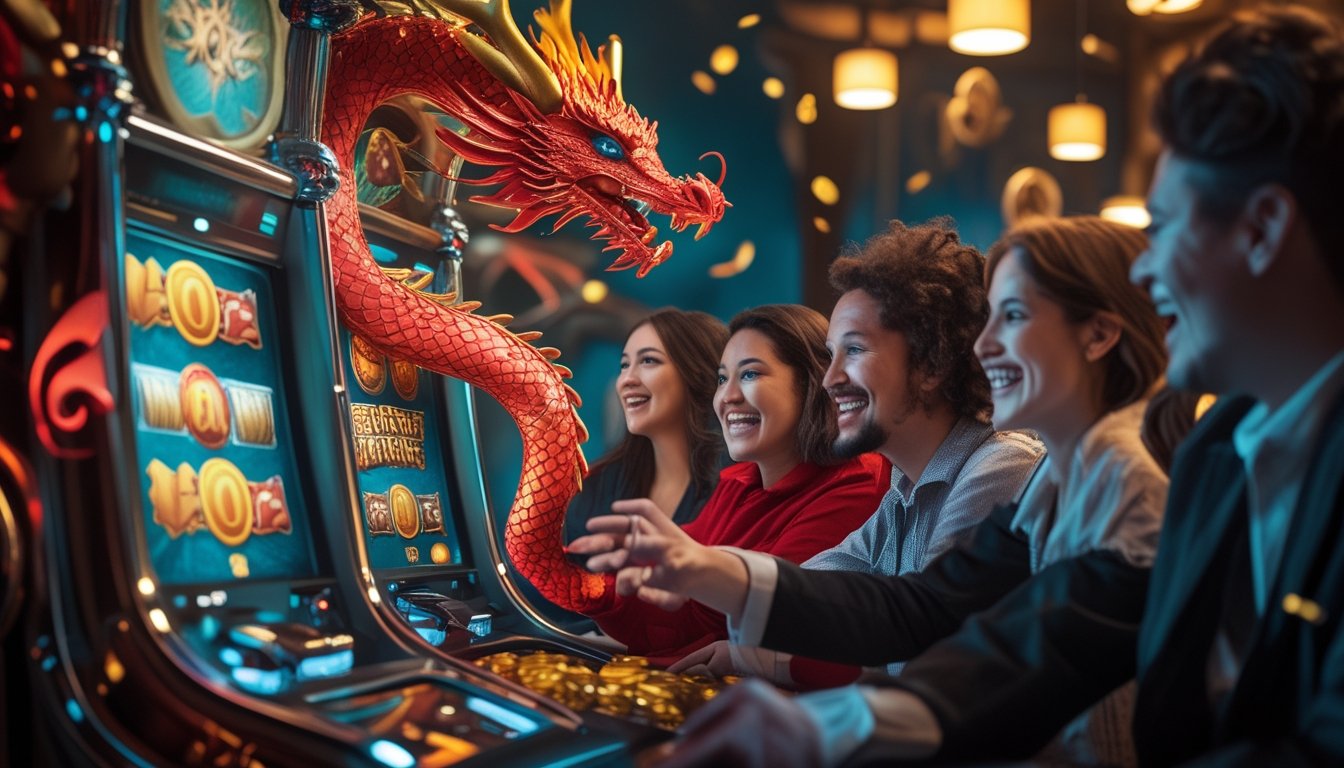 Orang-orang bermain mesin slot bertema naga dengan hiasan naga dan koin emas di latar belakang.