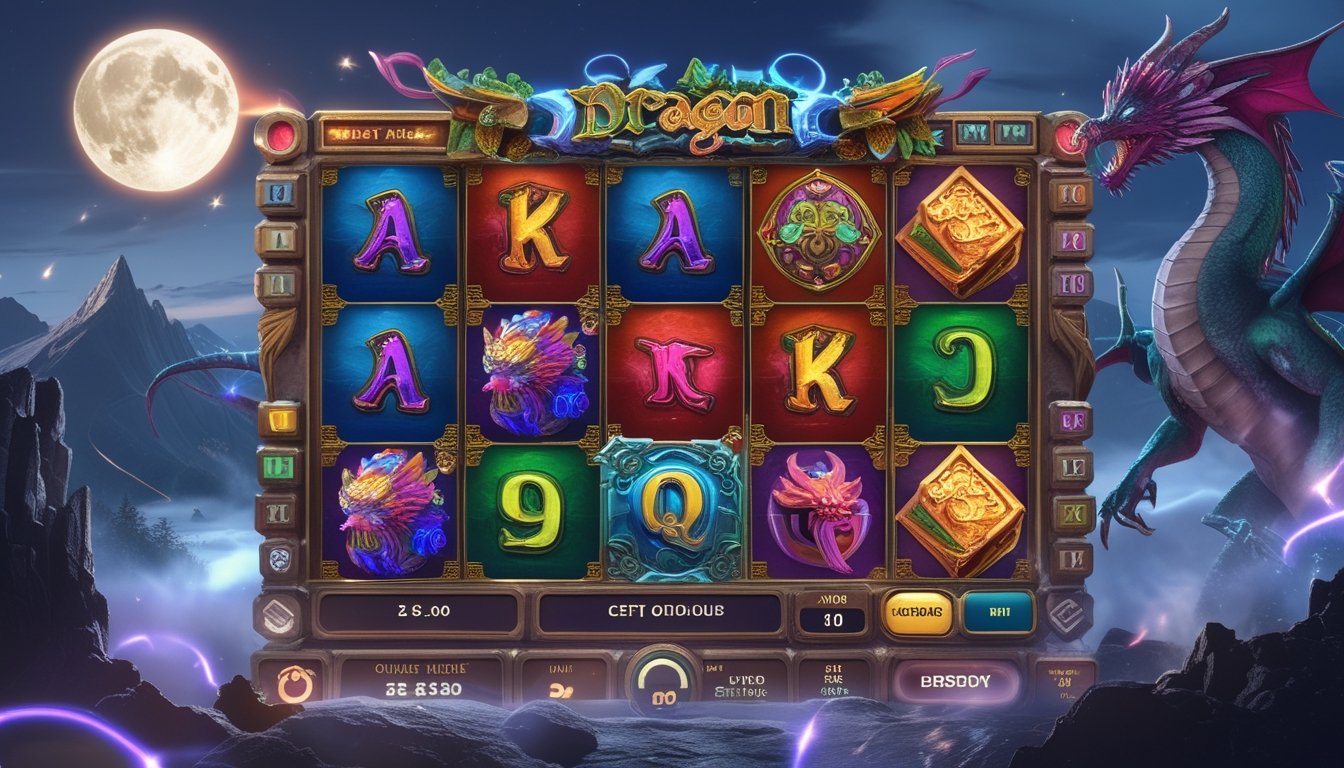 Tampilan layar permainan slot dengan simbol naga dan harta karun di latar belakang pemandangan fantasi malam hari.
