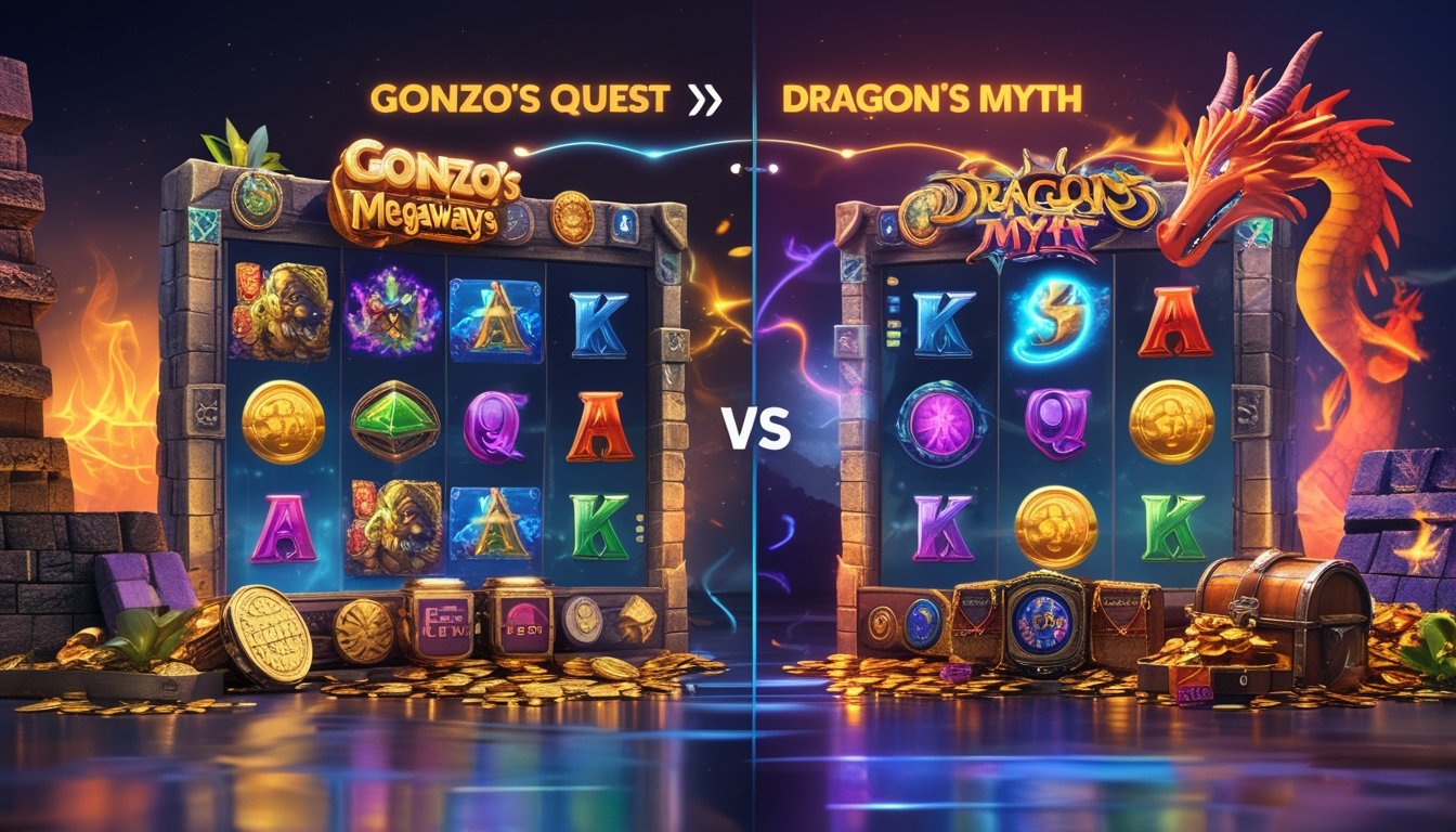 Gambar perbandingan dua platform permainan slot online dengan tema petualangan dan fantasi, menampilkan elemen seperti kencan kuno, naga, dan harta karun.