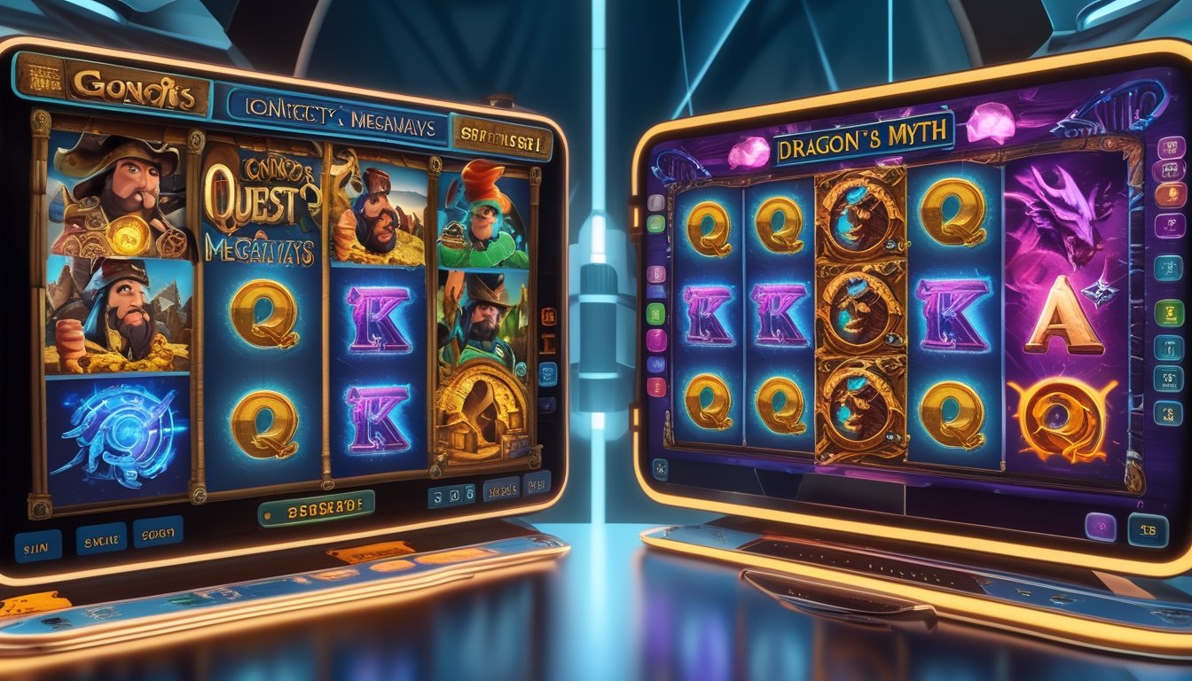 Dua layar mesin slot berdampingan yang menunjukkan tema petualangan dan naga, menggambarkan perbandingan dua platform permainan slot.